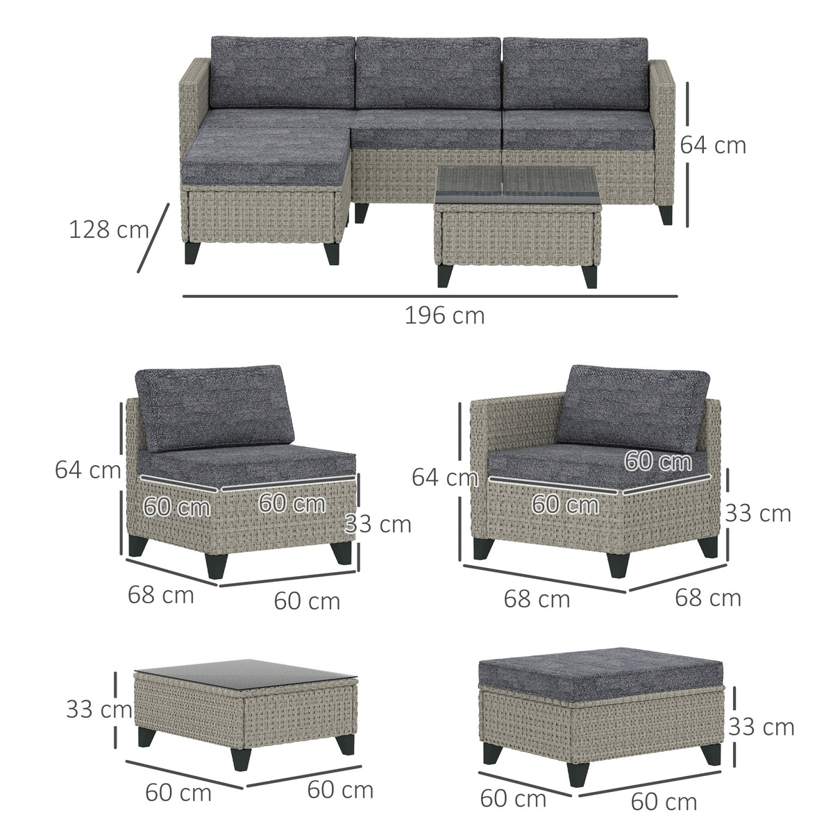 5-Piece Rattan Patio Furniture Set With Corner Sofa, Footstools, Coffee Table, For Poolside, Dark Grey