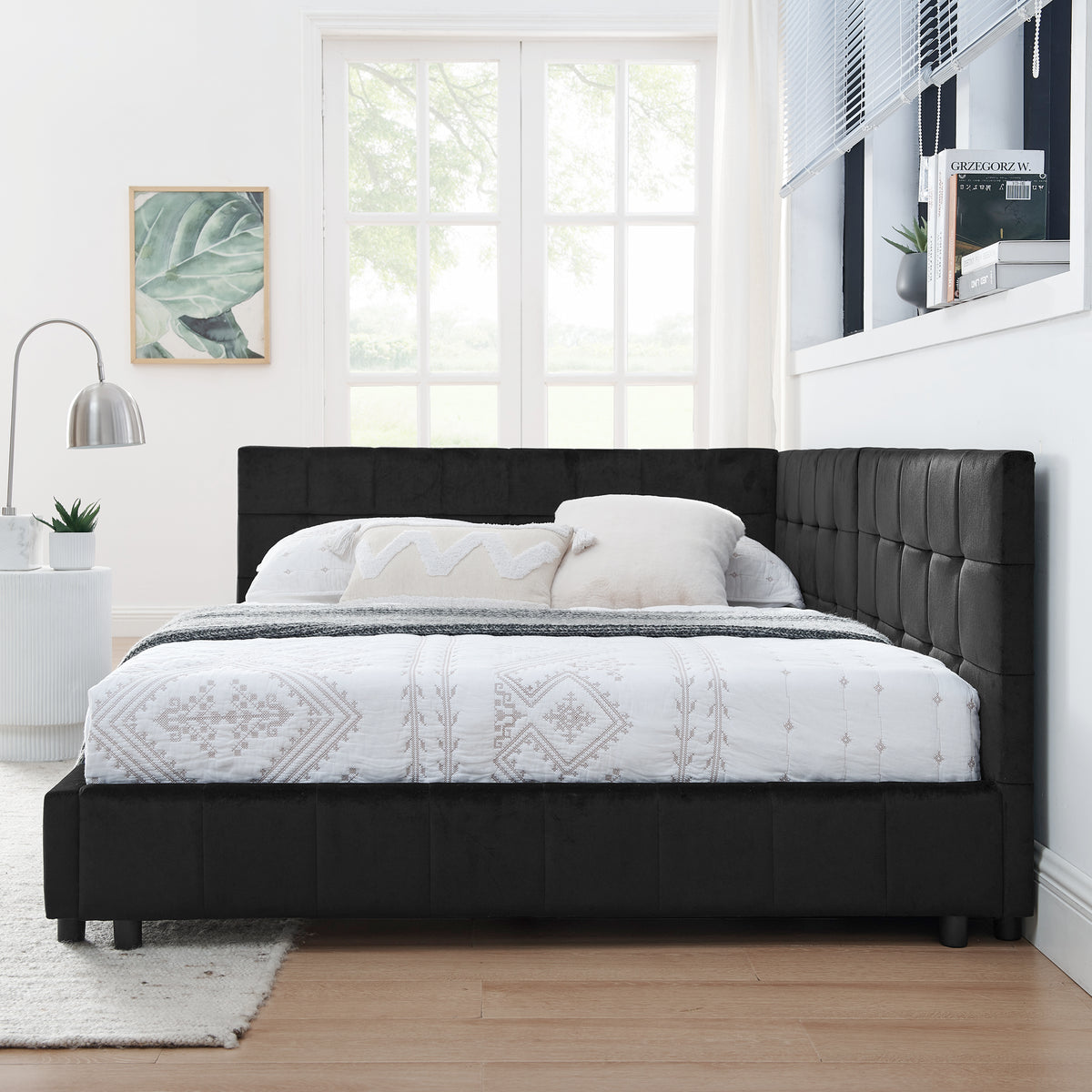 Full Size Upholstered Tufted  Bed Frame, Sofa Bed Frame With Comfortable Backrest And Armrests, Full Size Bed For Bedroom, Living Room,Velvet, Black 80.5x59x30.5