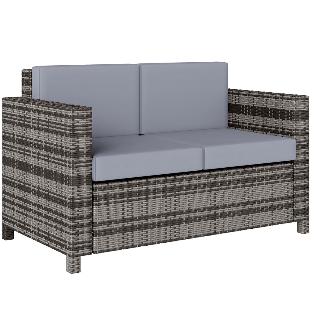 Rattan Sofa, 2 Seater Garden Furniture With Soft Padded Cushion And Armrests, Wicker Garden Loveseat For Patio, Mixed Grey