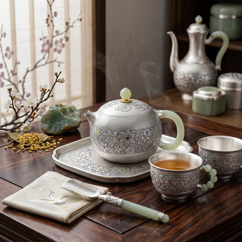 Pure 999 Fine Silver Handcrafted Silver Floral Teapot with Green Jade Accents and Intricate Metalwork - Handicraft