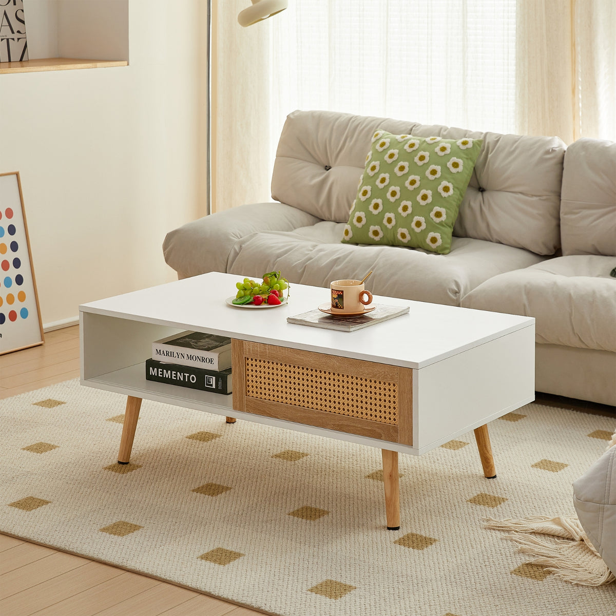 Rattan Coffee Table With Sliding Door And Solid Wood Legs