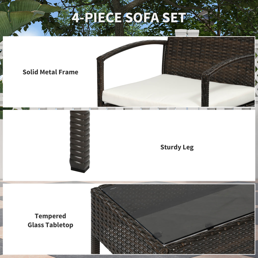 Patio Furniture Set, 4 Piece Indoor Outdoor PE Wicker Conversation Set with Chairs, Loveseat Sofa, Cushions, Glass Table for Backyard, Sunroom, Pool, Garden, Brown