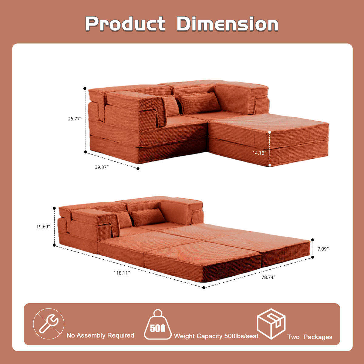 Compression Mahjong Sofa,Convertible Floor Sofa Bed,DIY Boneless Modular Sectional Sofa,No Assembly Required,Circle Fleece Fabric,Oversized 2 Seater With 1 Ottoman,Orange
