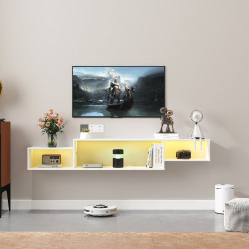 65.35in Wall Mounted Floating TV Stand With 20 Color LEDs And Charging Station