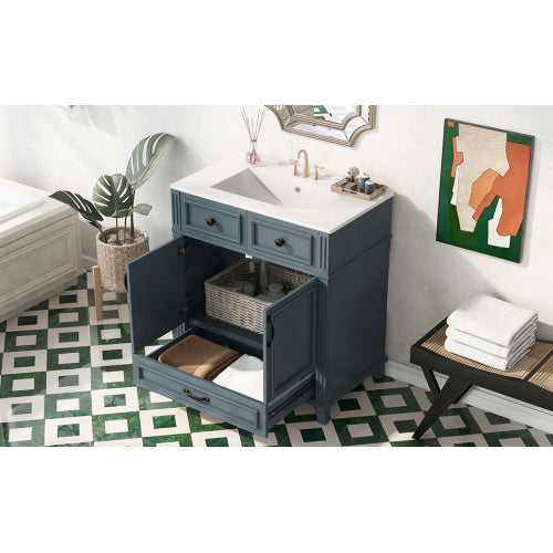 30” Bathroom Vanity with Ceramic Sink | Blue Solid Wood Cabinet