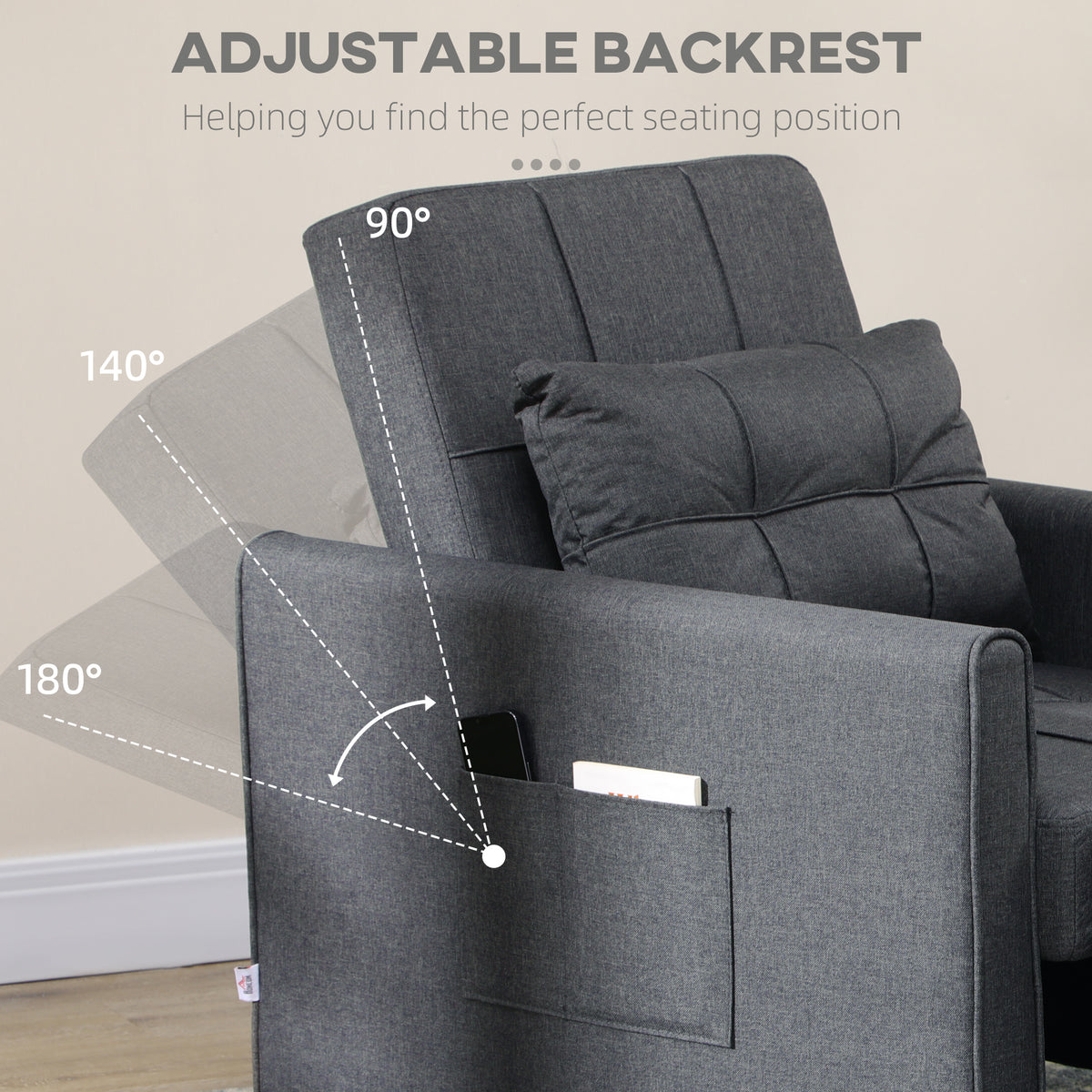 3-in-1 Convertible Chair Bed, Multi-Functional Single Sofa Bed, Pull Out Sleeper Chair with Adjustable Backrest, Pillow, and Pockets, Gray