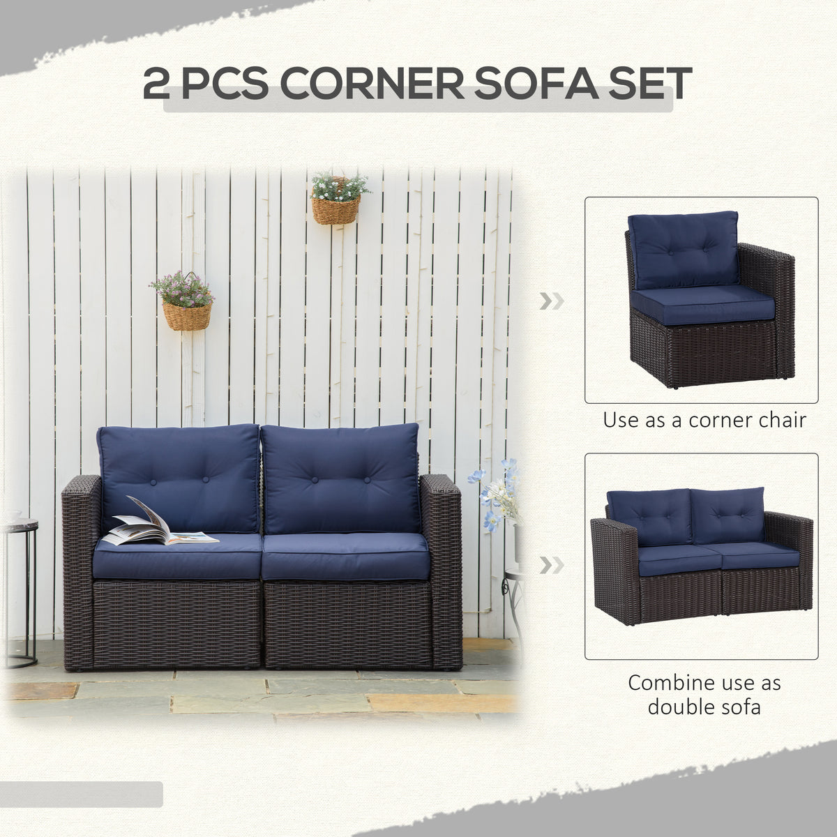 2 Piece Patio Wicker Corner Sofa Set, Outdoor PE Rattan Furniture, with Curved Armrests and Padded Cushions for Balcony, Garden, or Lawn, Dark Blue