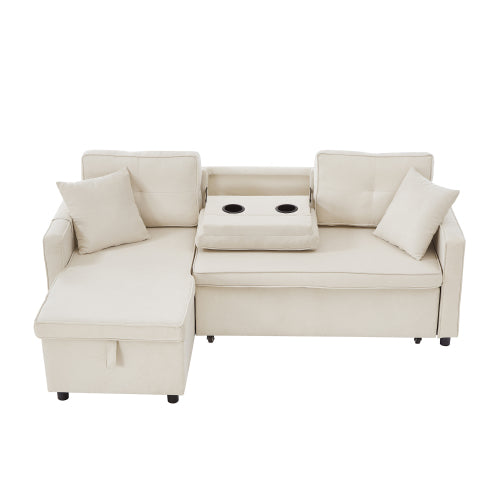 L-Shaped Pull Out Sleep Sofabed, Modern Reversible Sleeper Sectional Sofa, 3 In 1 Convertible Sofa Bed With Storage Chaise, Drop-Down Table, Cup Holders And Charging Ports