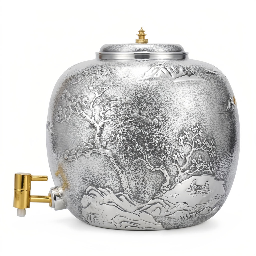 925 Sterling Silver Exquisite Silver-Tone Beverage Dispenser with Traditional Landscape Relief Carvings and Ornate Accents - Handicraft