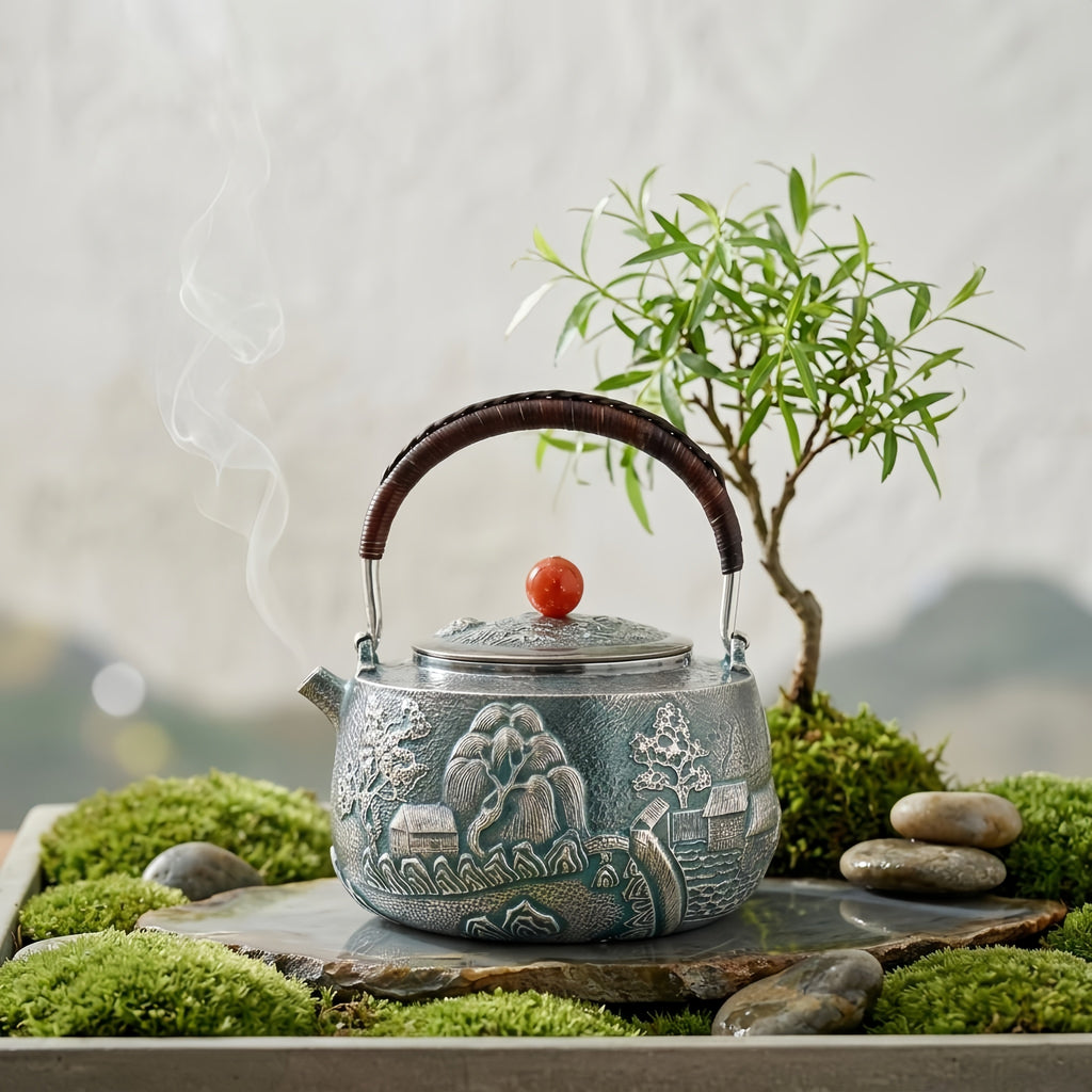 Pure 999 Fine Silver Japanese  Teapot with Engraved Landscape Artistry-Fine large teapot - Handicraft