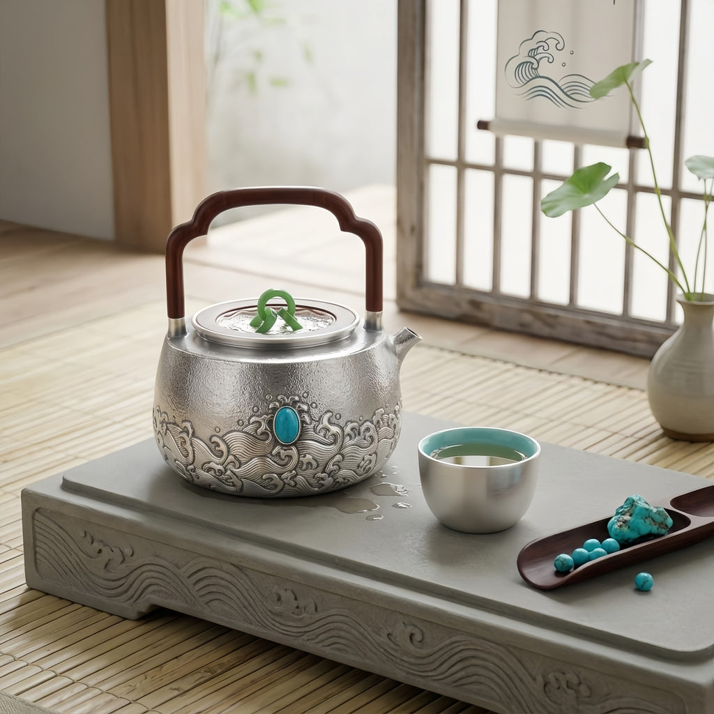 925 Sterling Silver Handcrafted Silver Teapot Featuring Turquoise Gemstone, Green Jade Lid Ring, and Rosewood Handle - Handicraft
