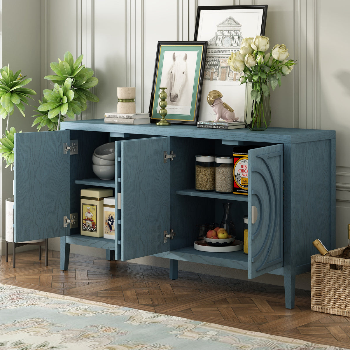 TREXM Retro Sideboard With Circular Groove & Round Metal Handle For Dining