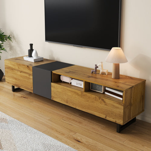 Colorblock TV Cabinet, Simple Contrasting Color Design, Three Doors And Two Compartments, U-Shaped Metal Legs, Retro Wood Grain
