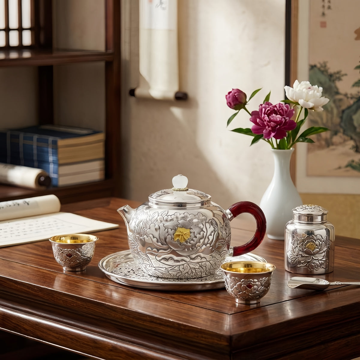 Pure 999 Fine Silver Ornate Hand-Engraved Silver Peony Teapot with Marbled Crimson Handle and White Finial - Handicraft