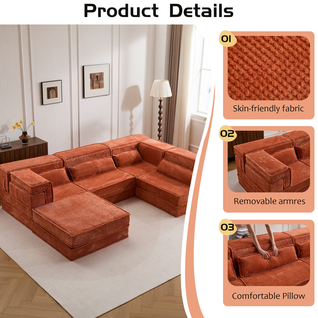 Compression Mahjong Sofa,Convertible Floor Sofa Bed,DIY Boneless Modular Sectional Sofa,No Assembly Required,Circle Fleece Fabric,Oversized 4 Seater With 1 Ottoman,Orange