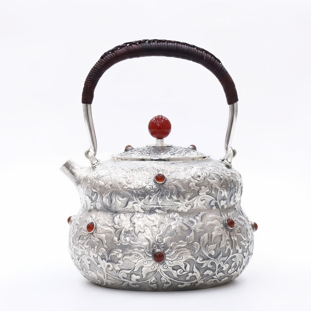 925 Sterling Silver Elegant  Teapot with Intricate Floral Engraving and Red Gem Accents - Handicraft