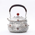 925 Sterling Silver Elegant  Teapot with Intricate Floral Engraving and Red Gem Accents - Handicraft