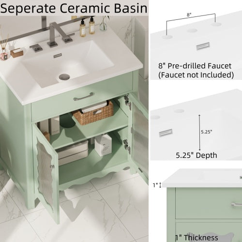 31 Bathroom Vanity With Tempered Glass, Modern Bathroom Cabinet With Rubber Wood Legs And Soft Close Doors, Green