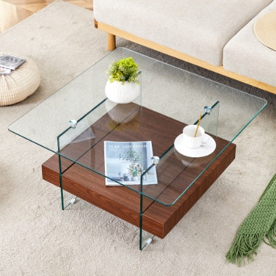 Modern Glass Coffee Table 2-Tier Square | Black Marble Design