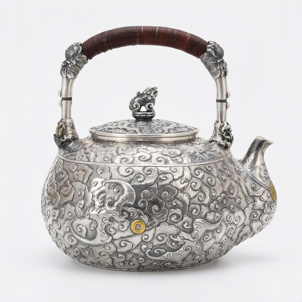 925 Sterling Silver **Antique Chinese  Teapot with Cloud Motifs and Wooden Handle**-Fine large teapot - Handicraft