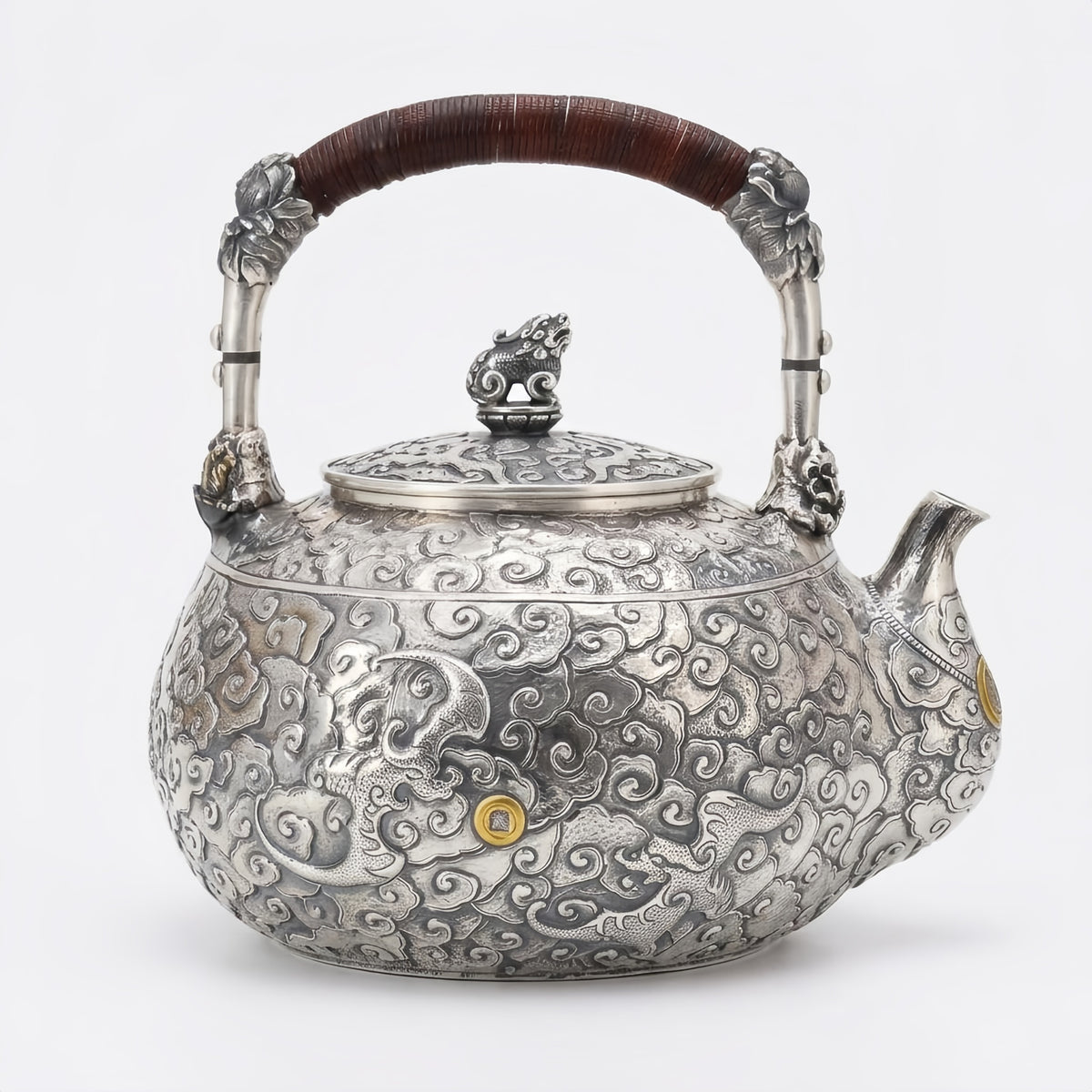 925 Sterling Silver **Antique Chinese  Teapot with Cloud Motifs and Wooden Handle**-Fine large teapot - Handicraft