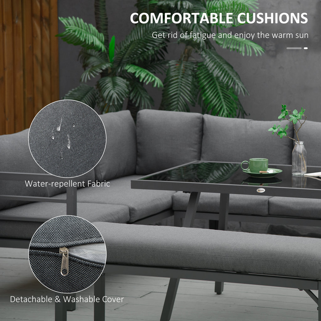 4 Piece L-shaped Garden Furniture Set 8-Seater Aluminium Outdoor Dining Set Conversation Sofa Set W/ Bench, Dining Table & Cushions, Grey
