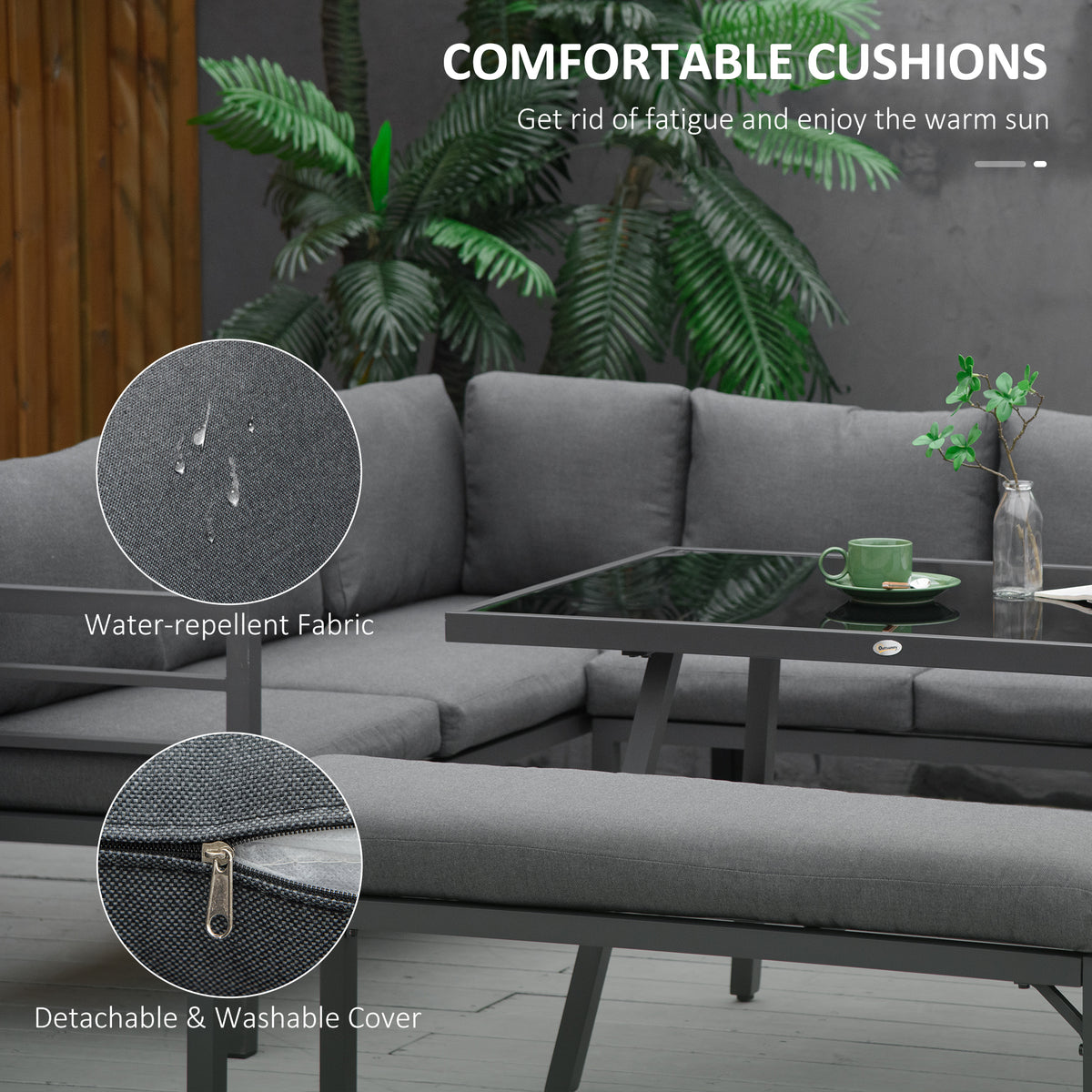 4 Piece L-shaped Garden Furniture Set 8-Seater Aluminium Outdoor Dining Set Conversation Sofa Set W/ Bench, Dining Table & Cushions, Grey