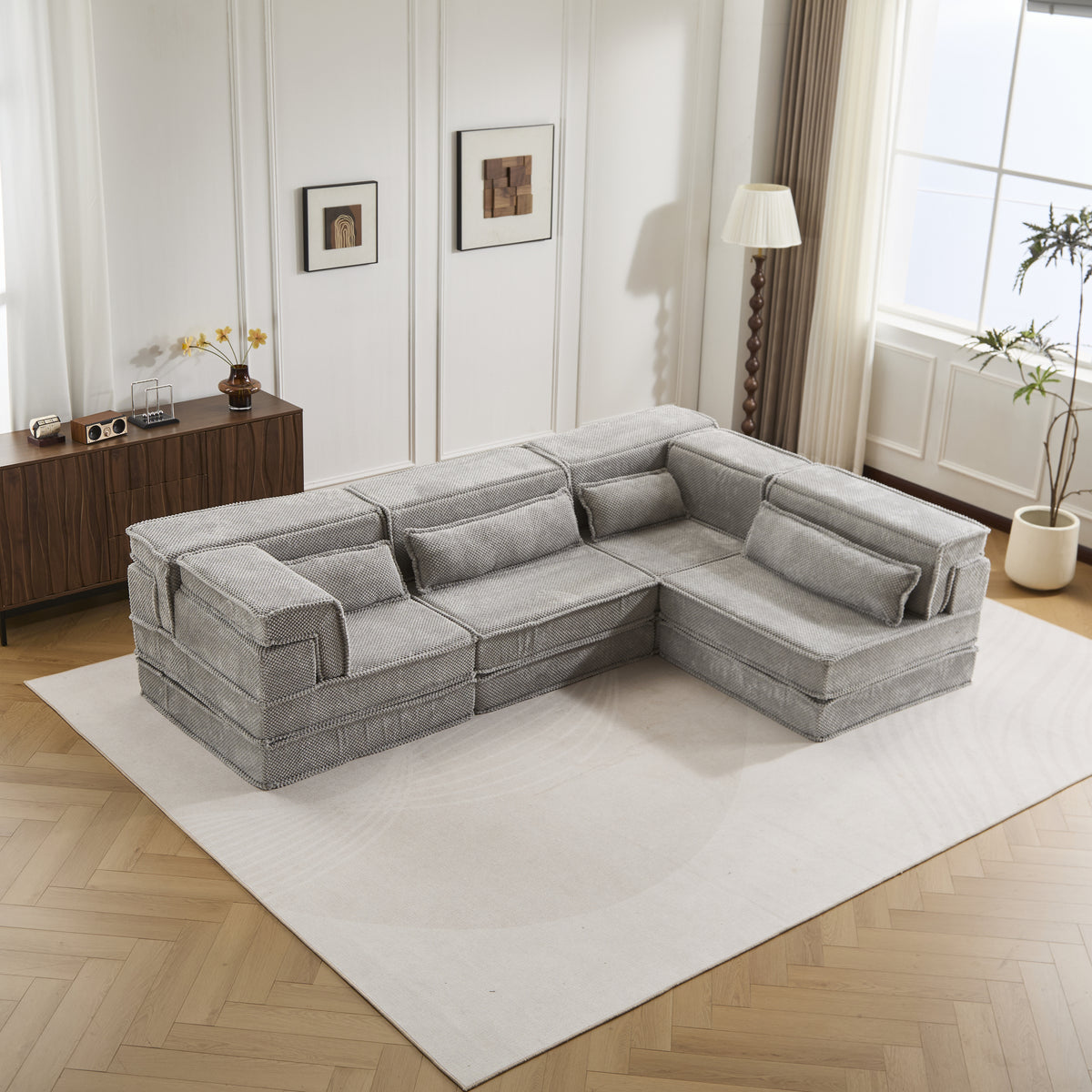 Compression Mahjong Sofa,Convertible Floor Sofa Bed,DIY Boneless Modular Sectional Sofa,No Assembly Required,Circle Fleece Fabric,Oversized 4 Seater With 4 Pillows,Light-grey