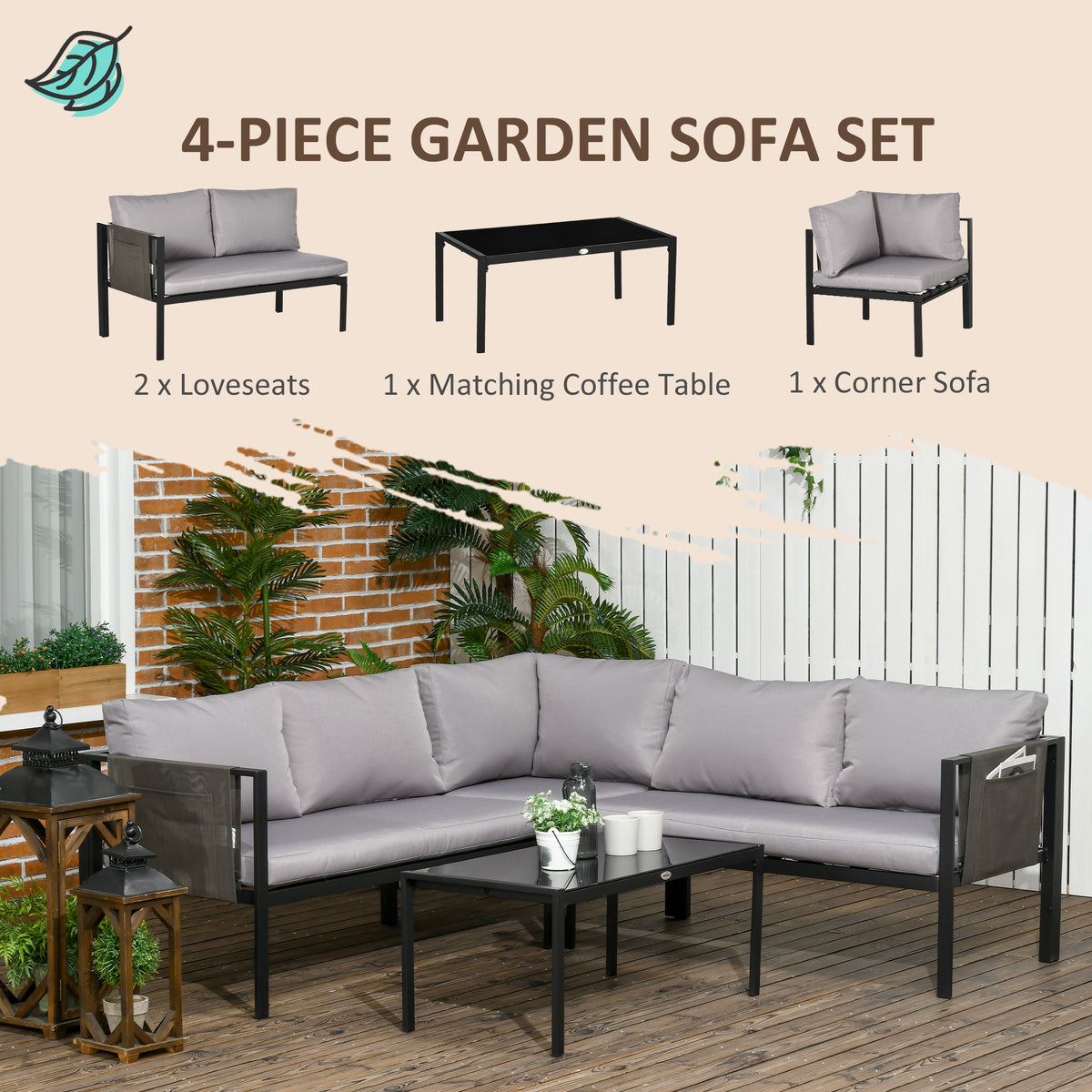 5 Seater Garden Corner Sofa Set, 4 Pieces Metal Garden Furniture Set With Loveseats, Glass Top Coffee Table, Breathable Mesh Pocket, Outdoor Conversation Furniture With Cushions, Light Grey