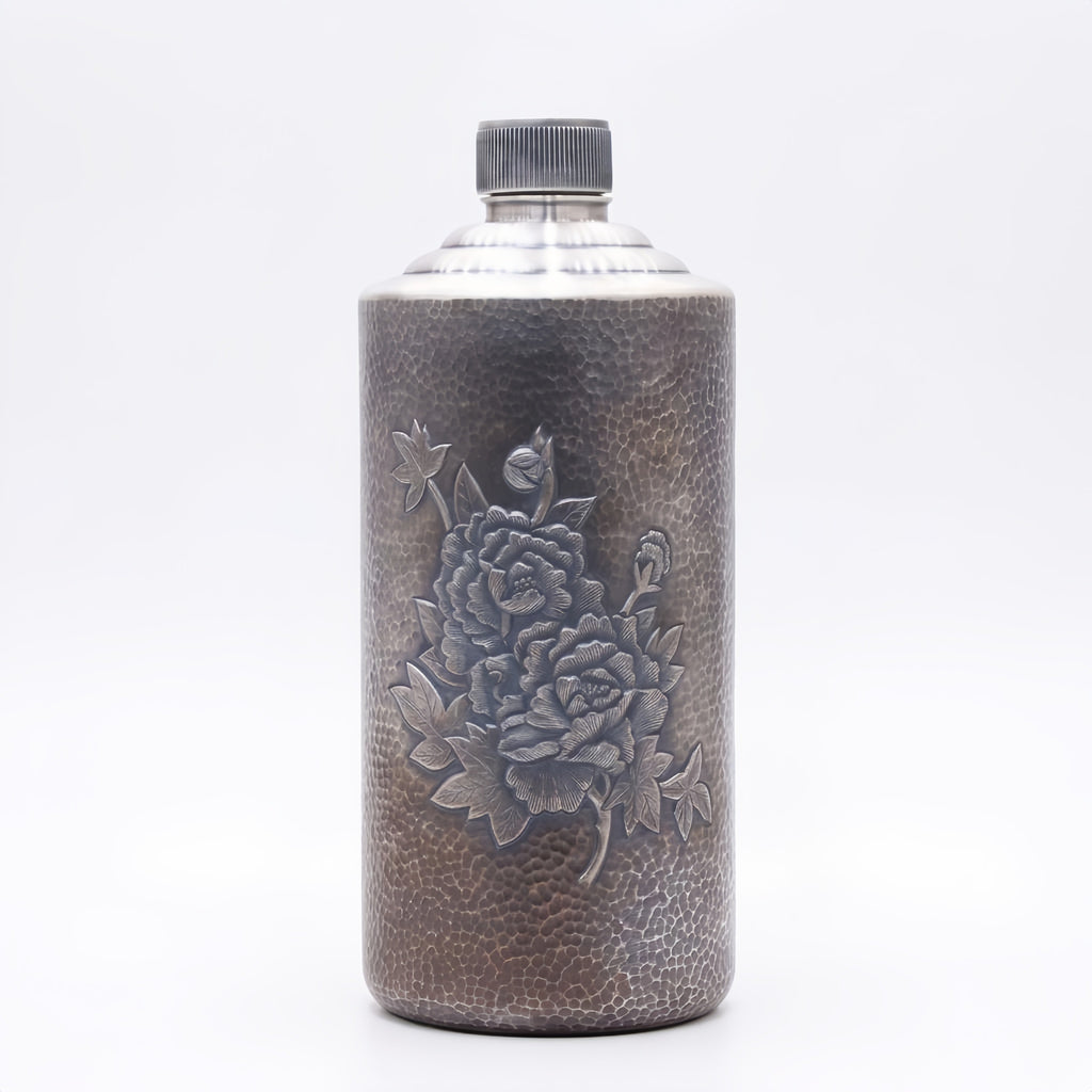925 Sterling Silver Vintage Hammered Metal Flask with Elegant Embossed Peony Flower Pattern - Handicraft