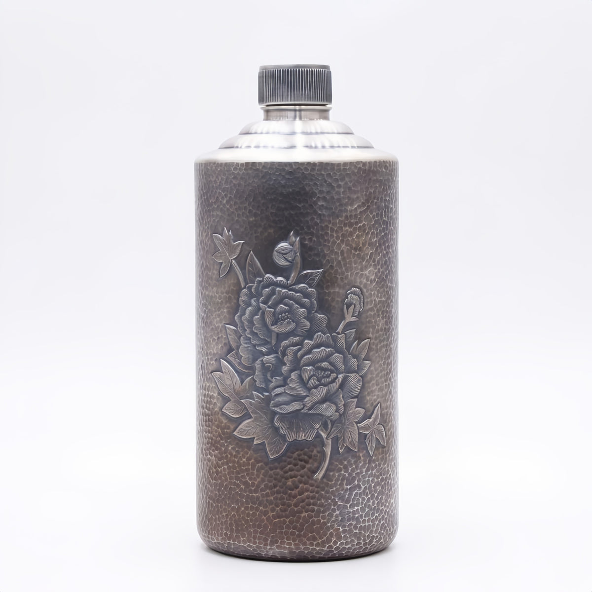 925 Sterling Silver Vintage Hammered Metal Flask with Elegant Embossed Peony Flower Pattern - Handicraft