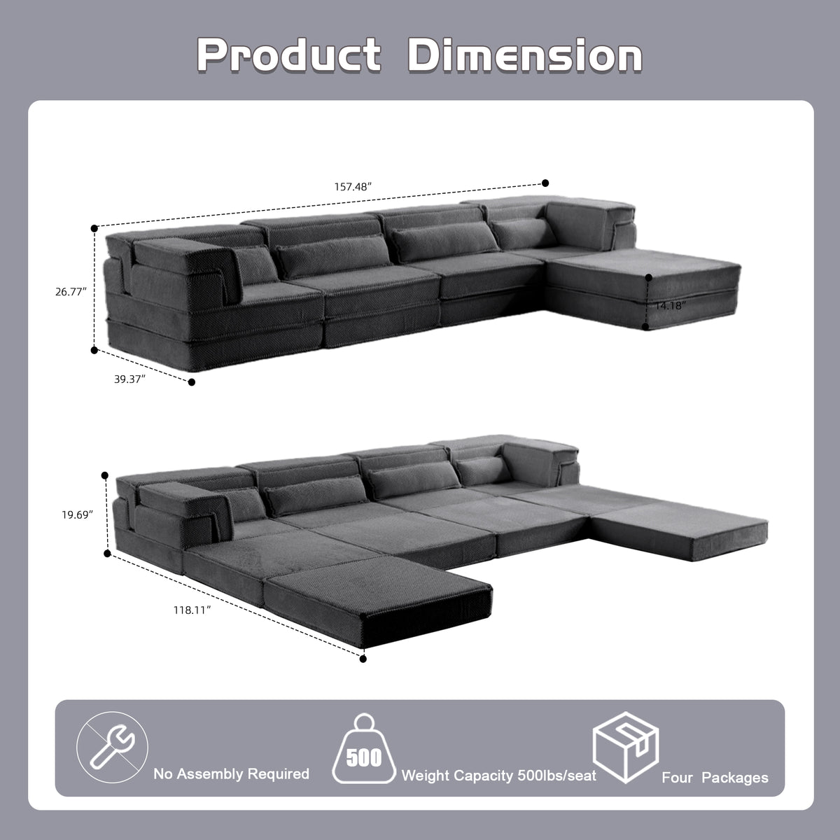 Compression Mahjong Sofa,Convertible Floor Sofa Bed,DIY Boneless Modular Sectional Sofa,No Assembly Required,Circle Fleece Fabric,Oversized 4 Seater With 1 Ottoman,Dark-grey