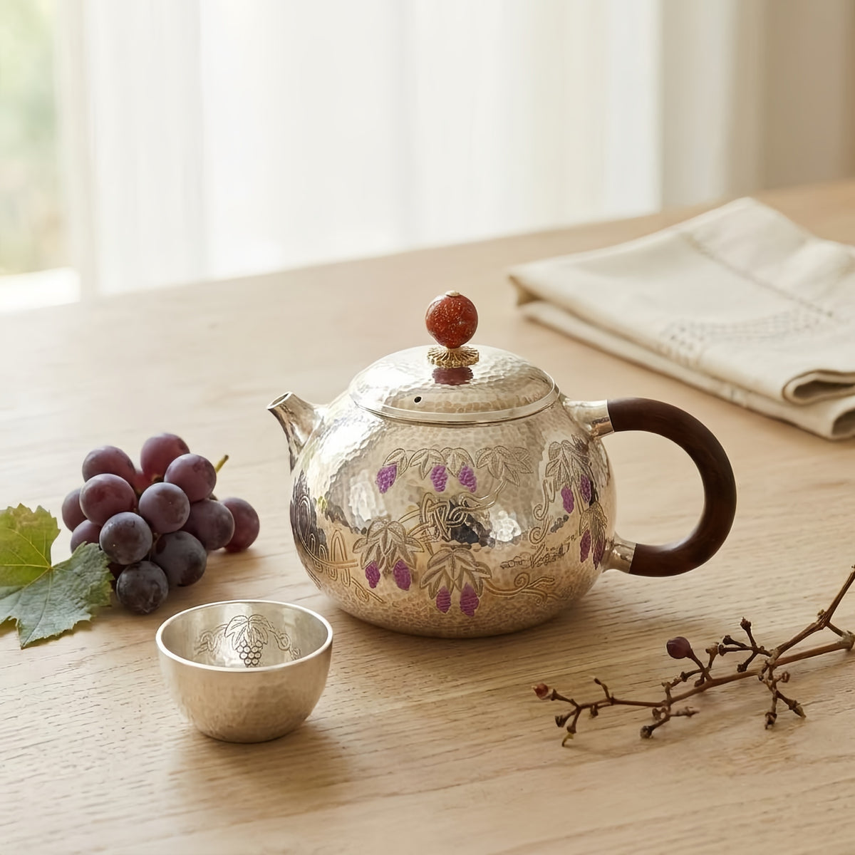 Pure 999 Fine Silver Ornate Hammered Silver Teapot with Purple Grape Motifs and a Wooden Handle - Handicraft