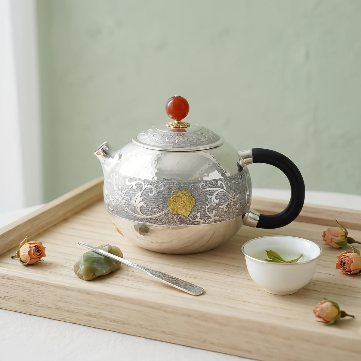 Pure 999 Fine Silver Elegant Handcrafted Silver Teapot Featuring Intricate Floral Engravings and Vibrant Red Finial - Handicraft