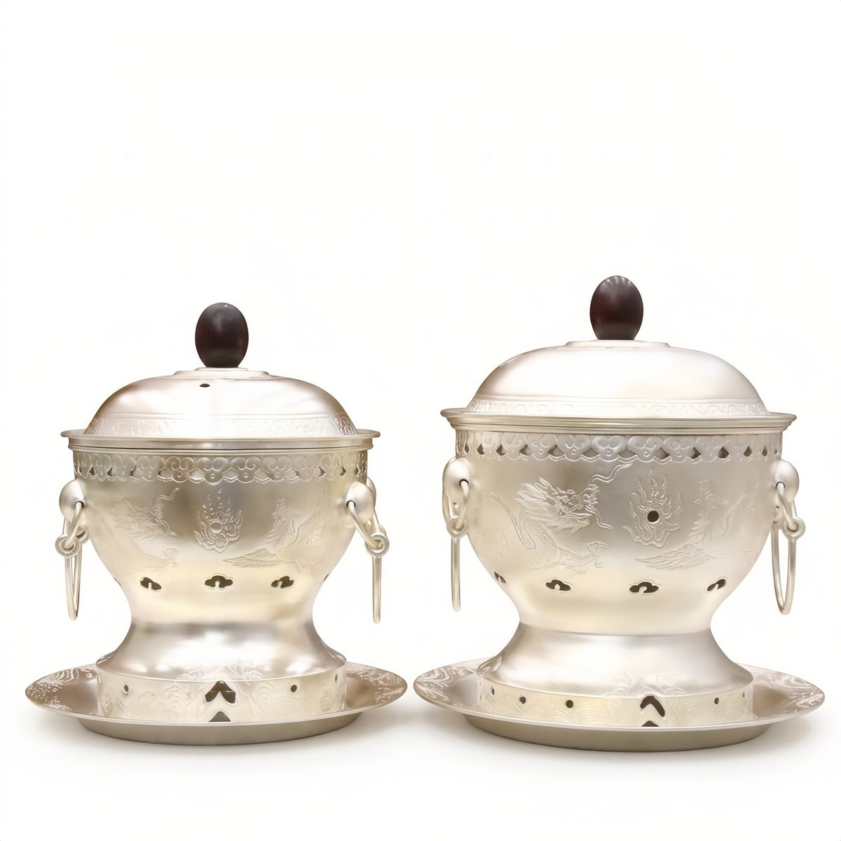 925 Sterling Silver Exquisite Silver-Toned Dragon Engraved Incense Burners Set with Intricate Details and Matching Platters - Handicraft