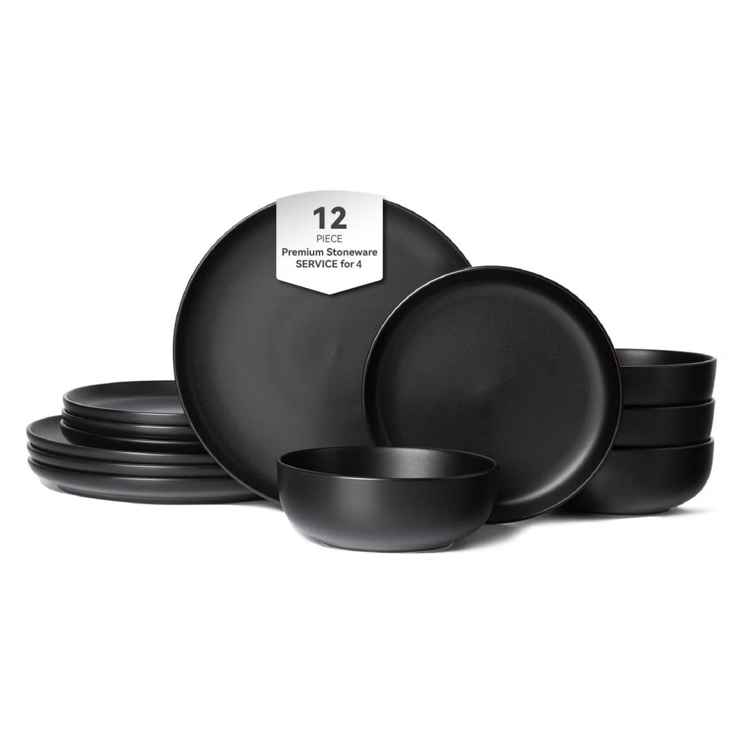 12-Piece Stoneware Dinner Plates Bowls Sets  Microwave & Dishwasher Safe   Non-Toxic Dinner Plates Bowls Set   Stackable Matte Glaze Kitchenware For 4