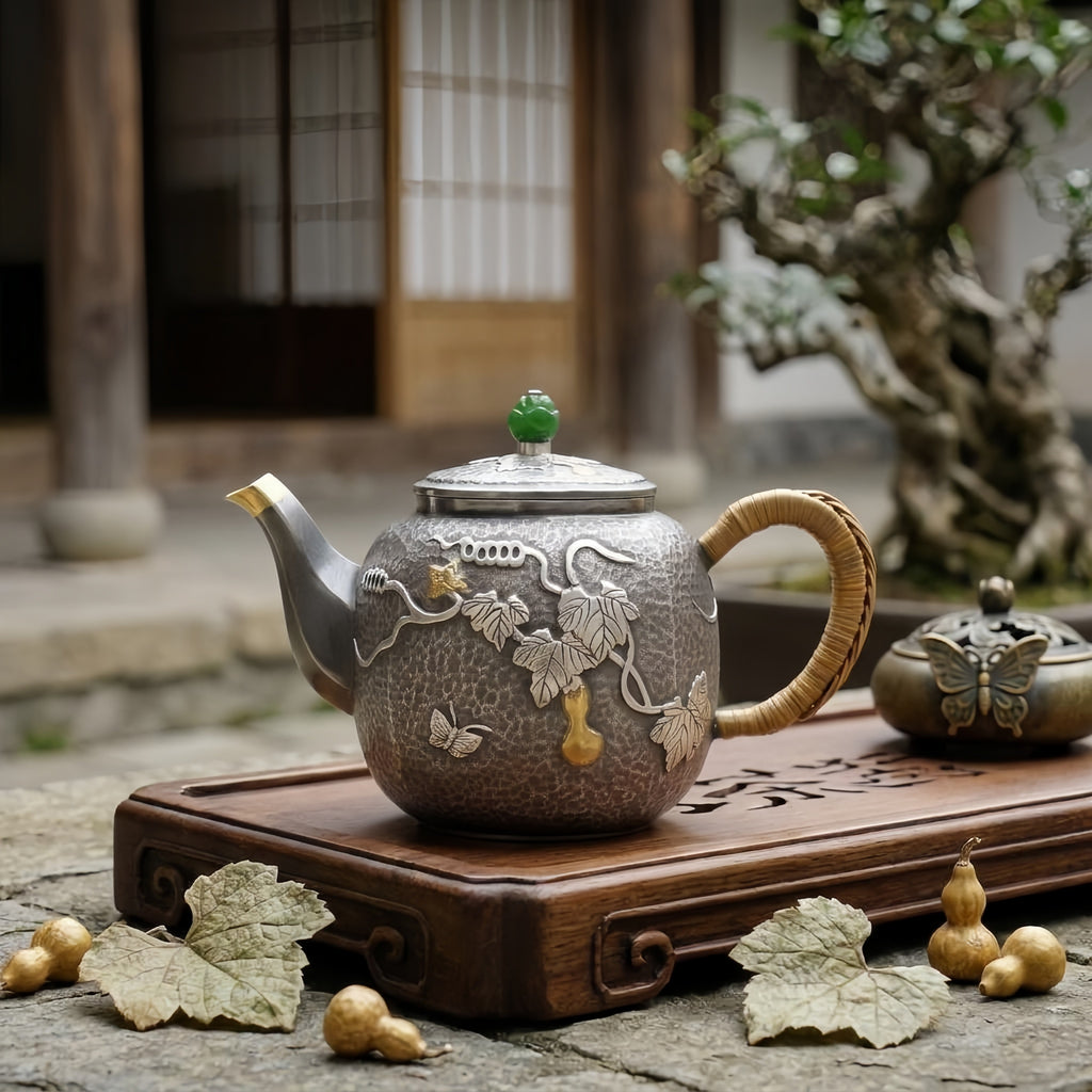 925 Sterling Silver Elegant Hammered Metal Teapot with Bamboo Handle and Artistic Vine Butterfly Gourd Motif-exquisite handmade teapot - Handicraft
