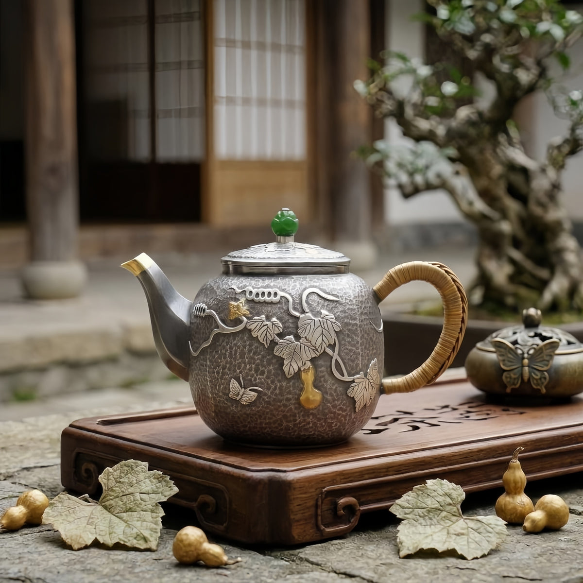 925 Sterling Silver Elegant Hammered Metal Teapot with Bamboo Handle and Artistic Vine Butterfly Gourd Motif-exquisite handmade teapot - Handicraft