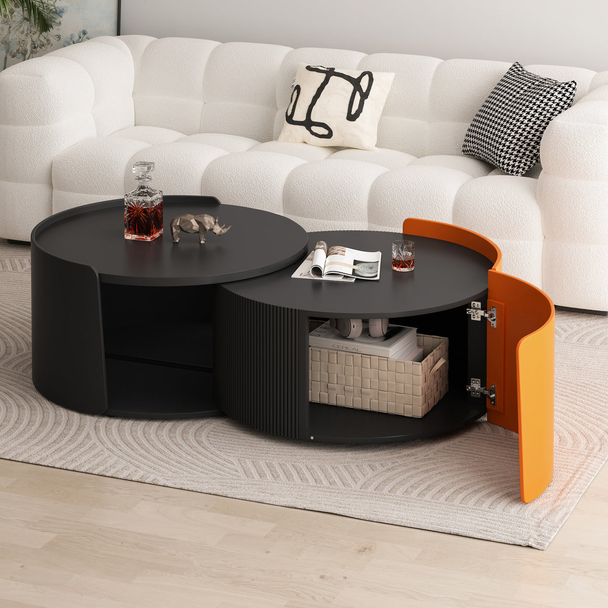 Nesting Coffee Table, Round Nesting Tables And End Tables For Small Space, Modern Side Tables With Extendable Sliding Tabletop For Living Room, Office,Black, No Need Assembly