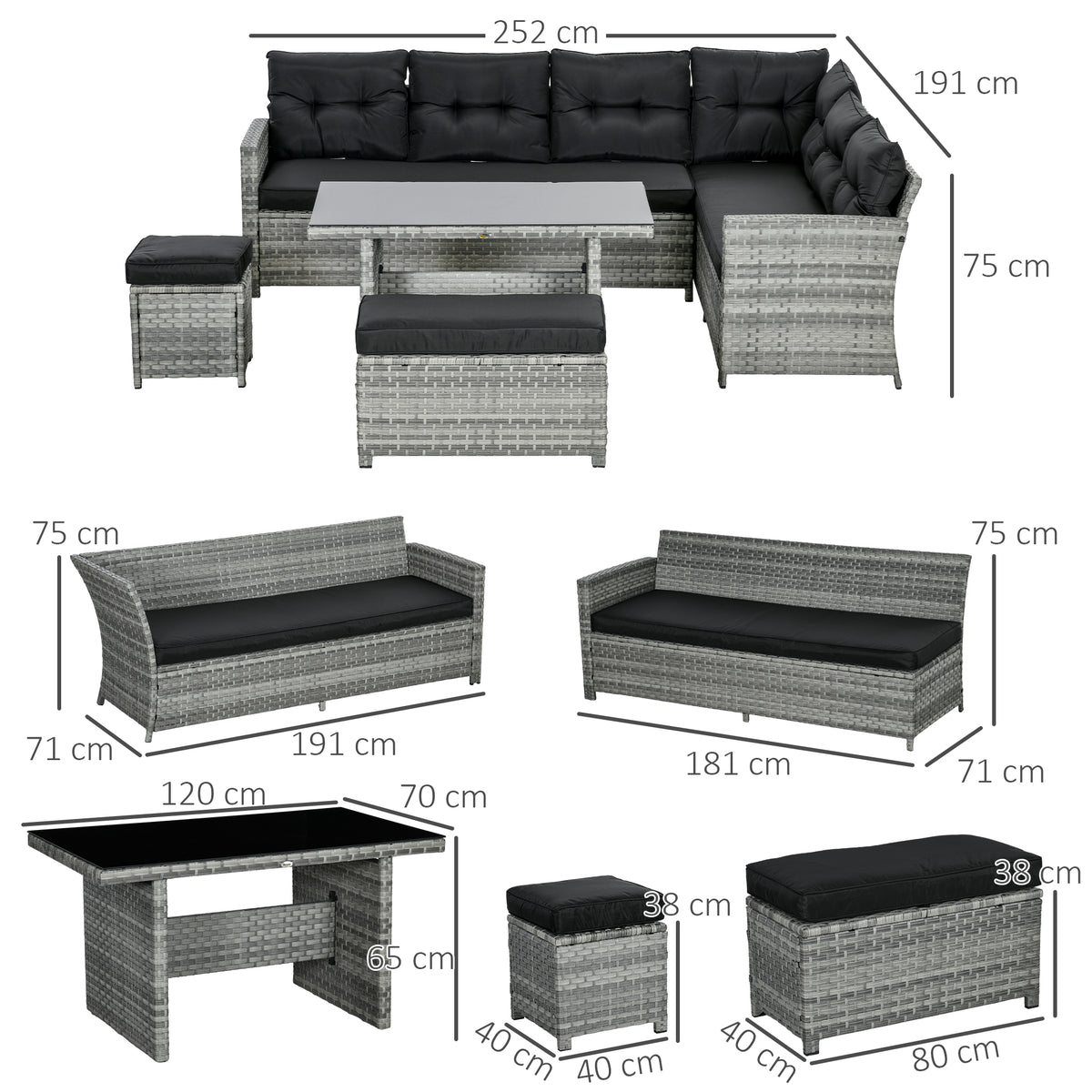 5-Piece Rattan Patio Furniture Set With Corner Sofa, Footstools, Glass Coffee Table, Cushions, Mixed Grey