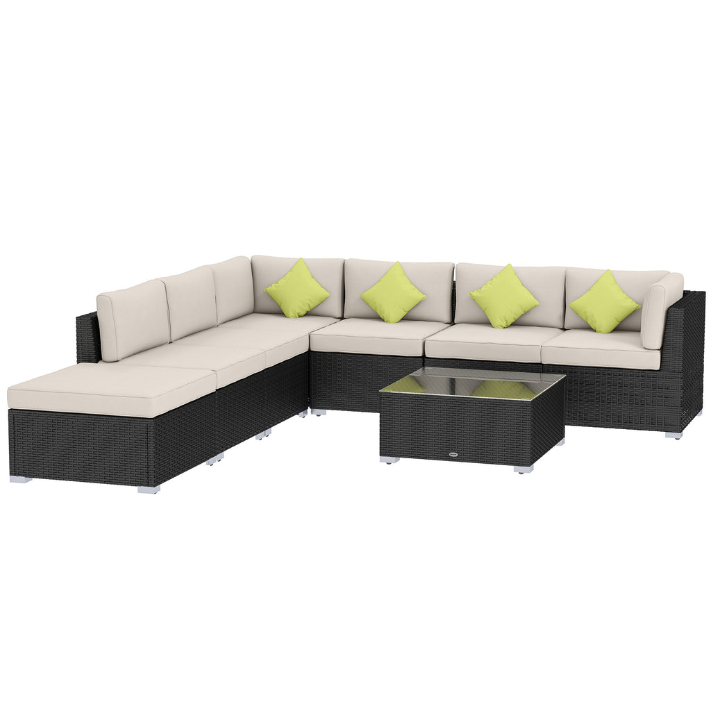 8 Piece Rattan Corner Sofa Set With Wide & Deep Seat, Assembled Aluminium PE Rattan Garden Furniture Set With Thick Cushions And Glass Top Table For Outdoor, Conservatory, Black