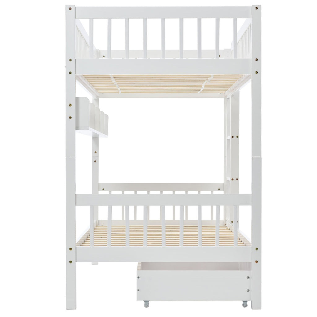 Bunk Bed, Kids Children, 3FT Solid Pine Wood Single Bed Frame & Under Bed Slide Drawer Storage, With Shelf, White 90x190cm
