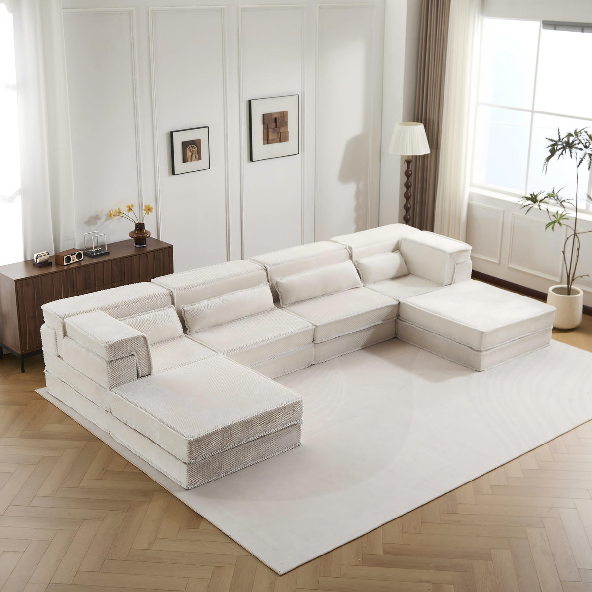 Compression Mahjong Sofa,Convertible Floor Sofa Bed,DIY Boneless Modular Sectional Sofa,No Assembly Required,Circle Fleece Fabric,Oversized 4 Seater With 2 Ottoman,White