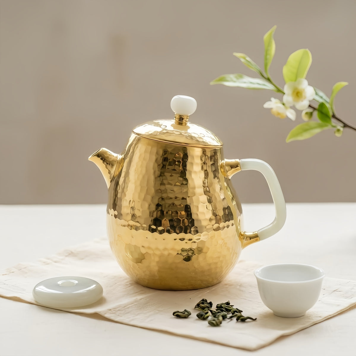 925 Sterling Silver Hammered Gilded Teapot with Elegant Milky White Handle and Finial - Handicraft