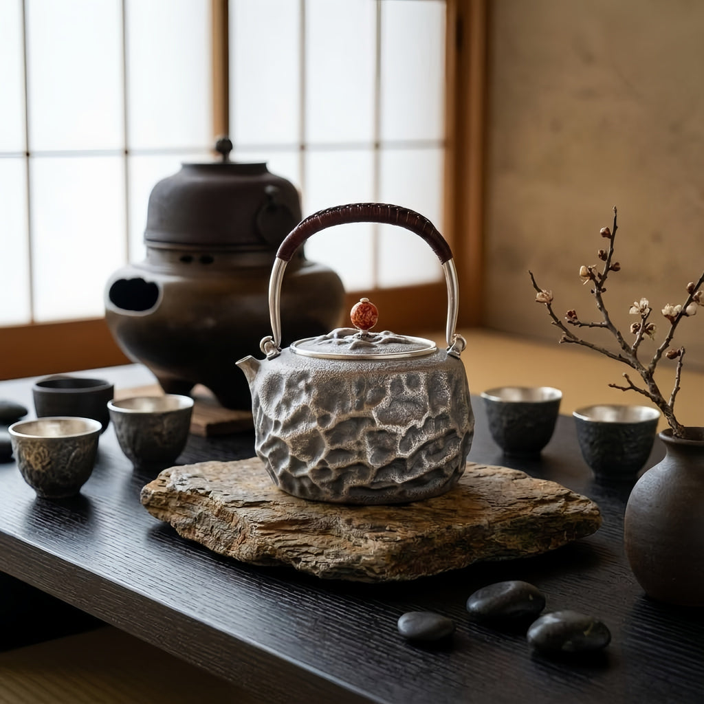 925 Sterling Silver Artistic Gray Teapot with Cracked Earth Texture and Contrasting Metallic Handle-Fine large teapot - Handicraft