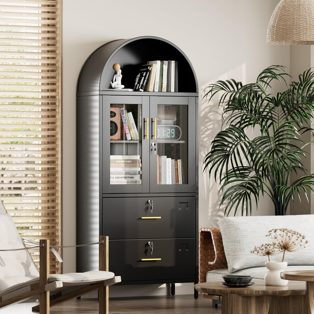 73inch H Metal Arch File Cabinet, Black Arched Bookcase With Locking Glass Doors And Drawers,Filing Cabinet For Home Office,Assemble Required,Black