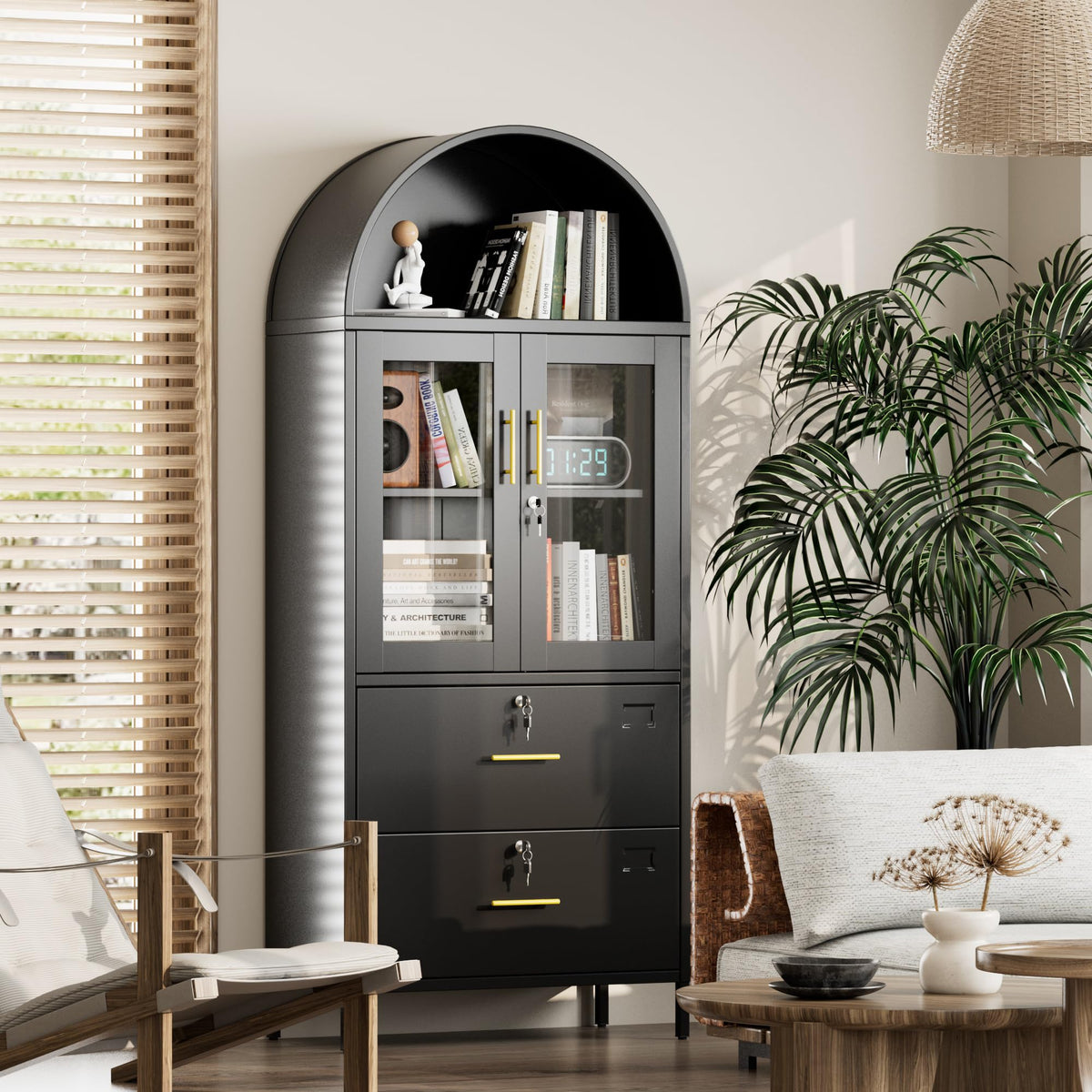 73inch H Metal Arch File Cabinet, Black Arched Bookcase With Locking Glass Doors And Drawers,Filing Cabinet For Home Office,Assemble Required,Black