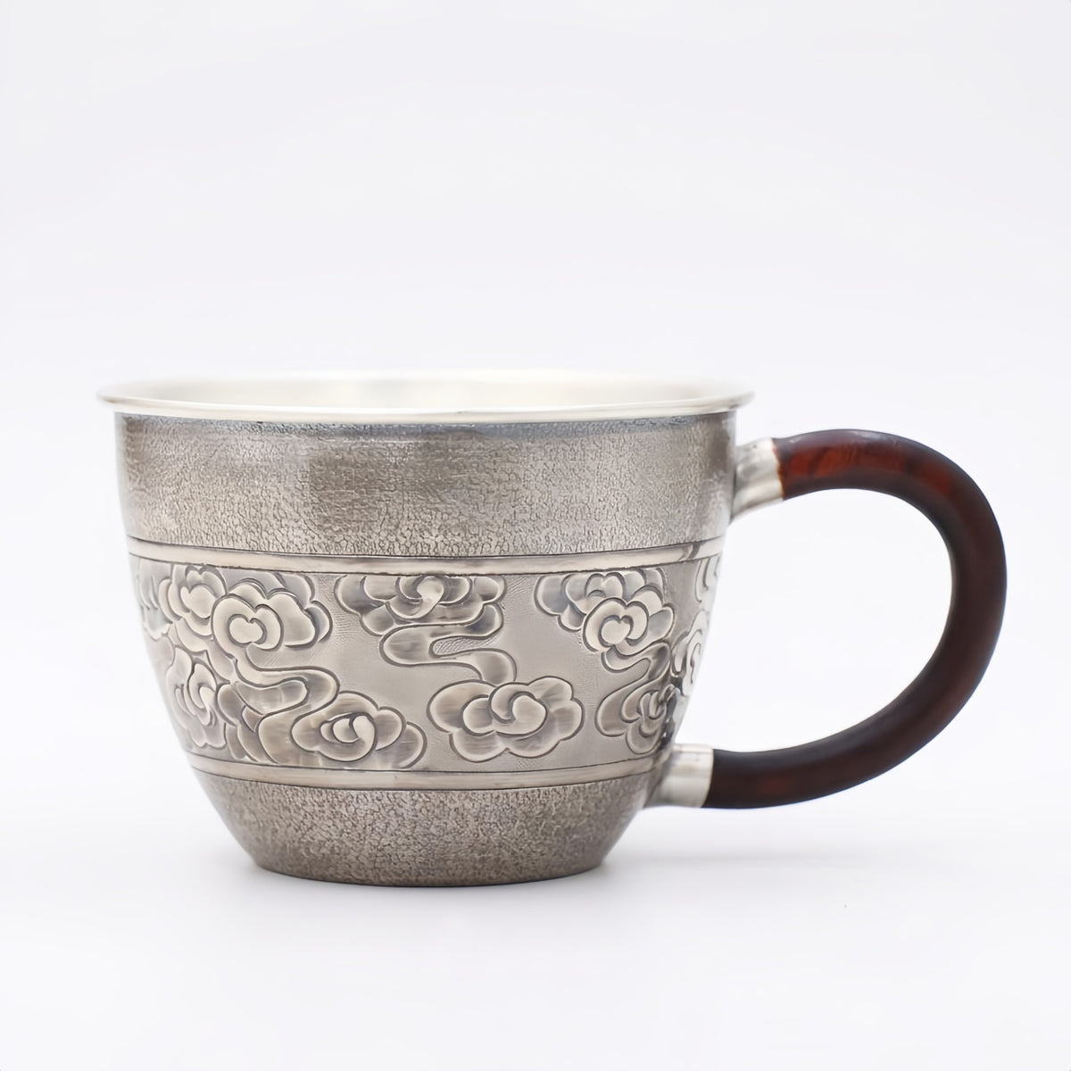 925 Sterling Silver Elegant  Cloud-patterned Cup with Wooden Handle-Premium Master Cup - Handicraft