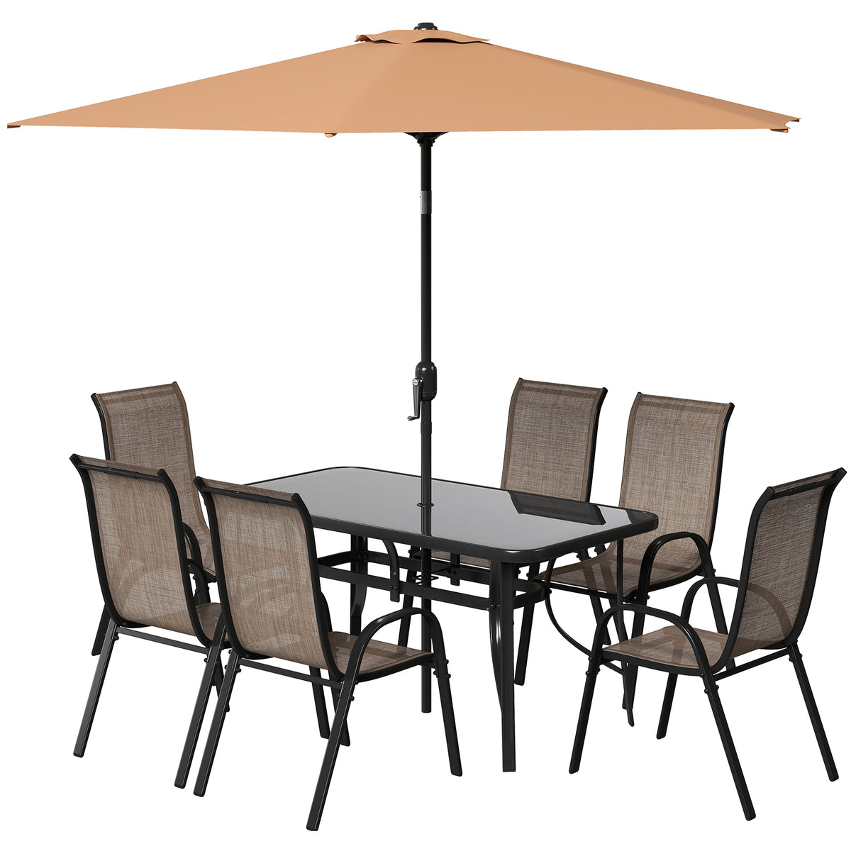 8 Pieces Patio Furniture Set with 9Ft Patio Umbrella, Outdoor Dining Table and Chairs, Light Mixed Brown