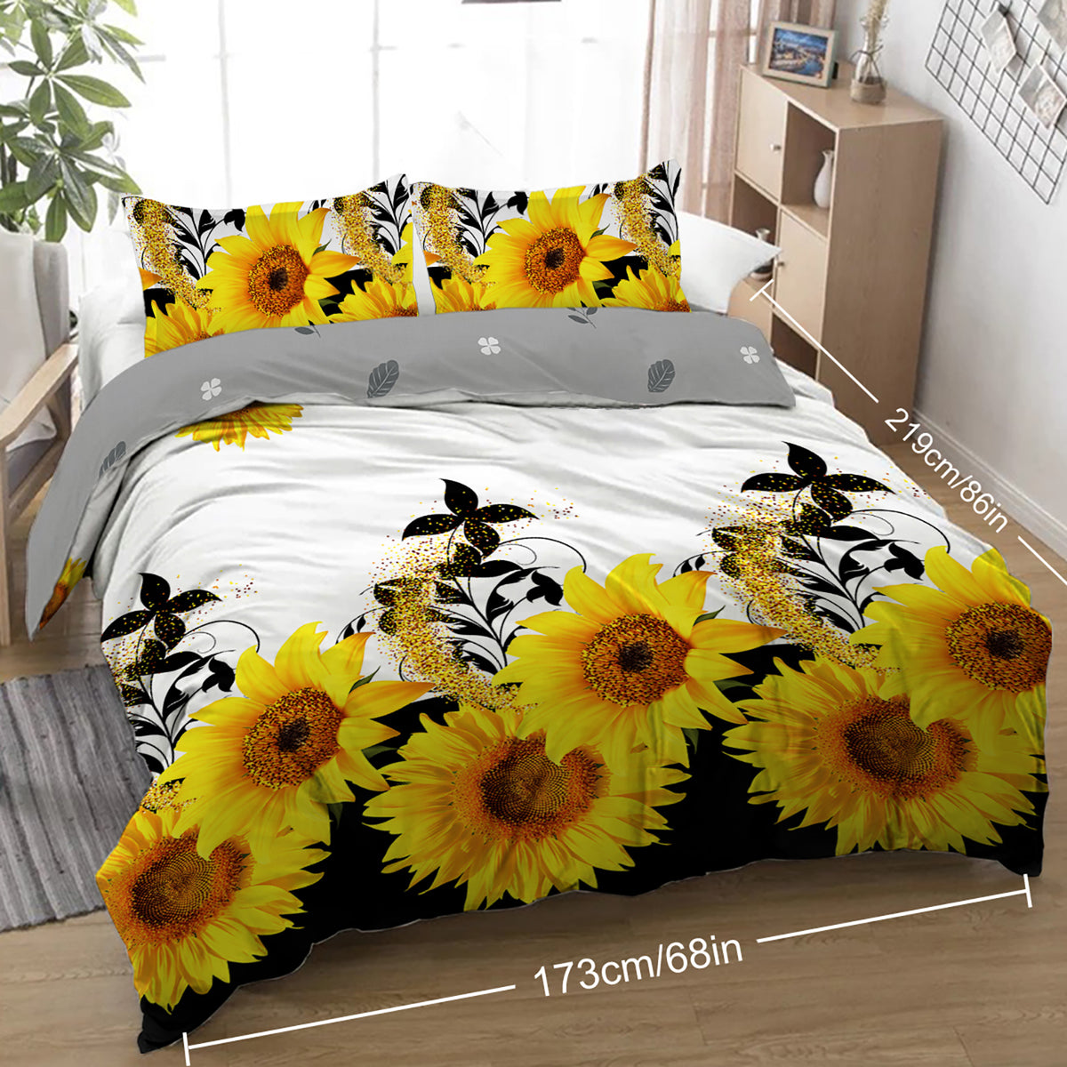 3 Pieces Black And White Background Sunflower Duvet Cover Set Yellow Flower Polyester Bedding Set For Adults Bedroom Decor Twin Full Queen King Size